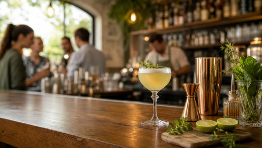 Verre de cocktail posé sur un comptoir dans un bar français