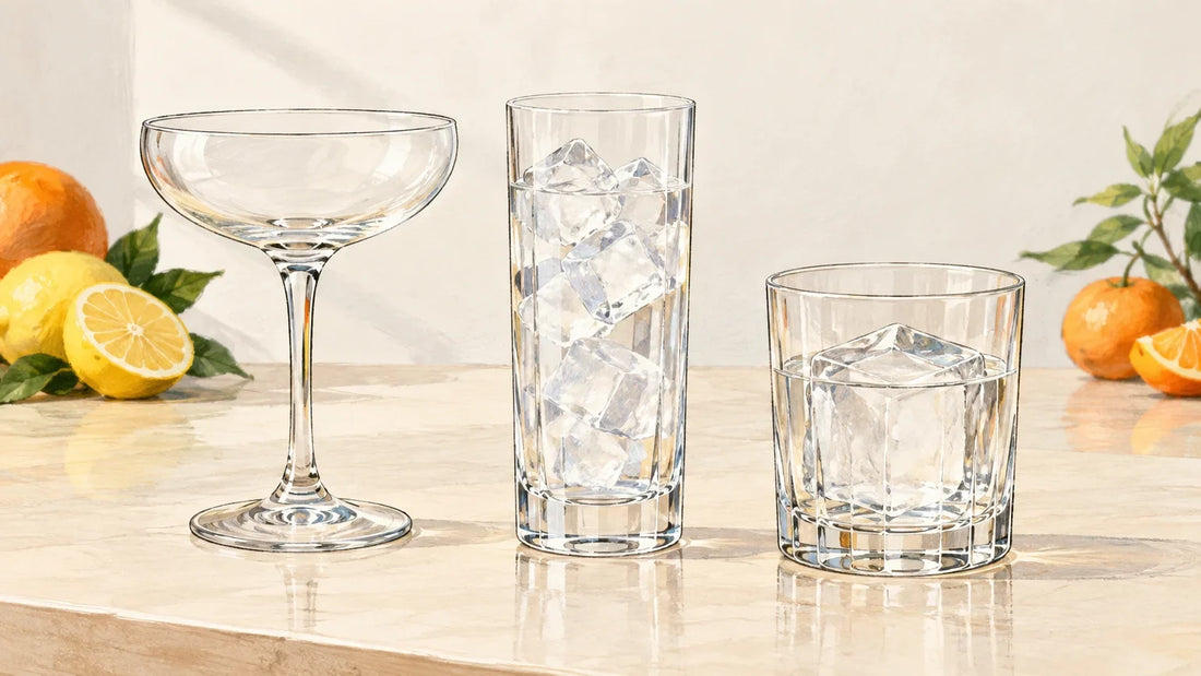 Trois verres différents pour servir des cocktails : coupe, verre haut et verre bas