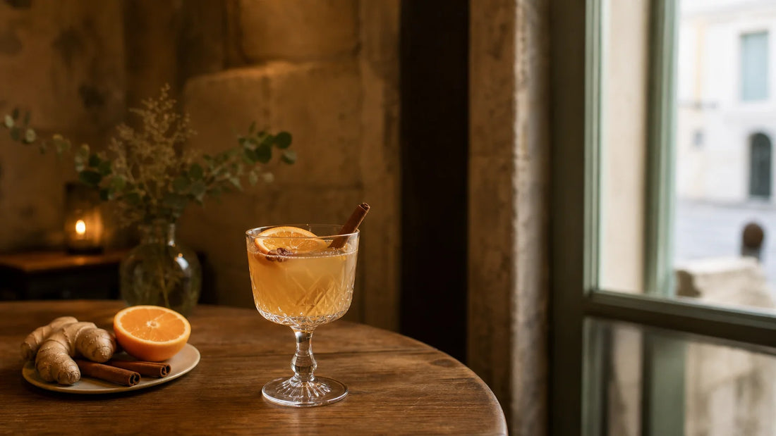 Cocktail d’hiver aux agrumes et aux épices dans un intérieur chaleureux à La Rochelle