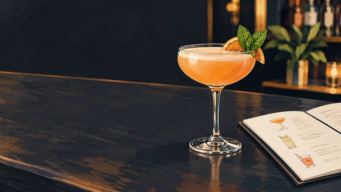 Un cocktail posé près d’une carte aux intitulés illisibles sur un comptoir