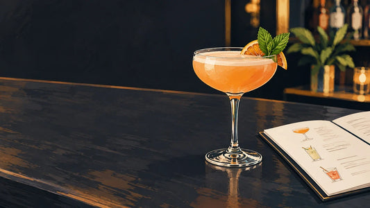 Un cocktail posé près d’une carte aux intitulés illisibles sur un comptoir