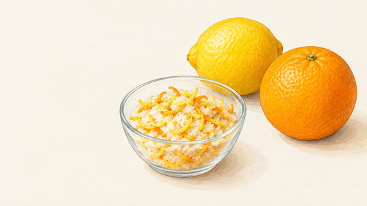 Zestes de citron et d’orange mêlés au sucre dans un bol