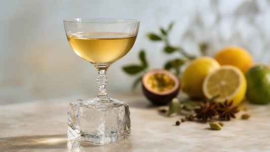 Cocktail clarifié transparent servi sur un grand glaçon