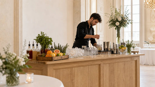 Bar à cocktails mobile installé dans une salle de réception