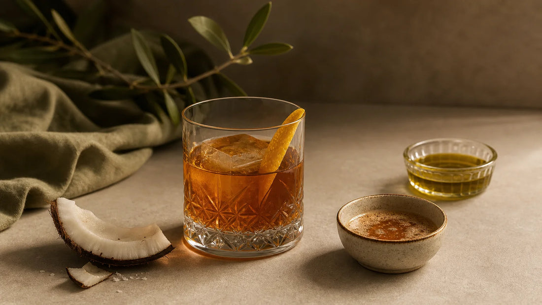 Cocktail ambré avec beurre noisette, huile d’olive et noix de coco