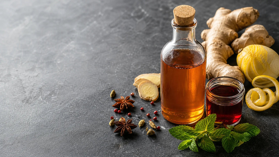 Ingrédients et bouteilles de sirops maison pour cocktails