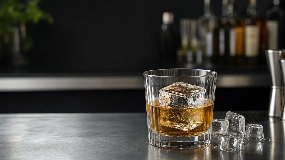 Cocktail servi avec un grand glaçon transparent