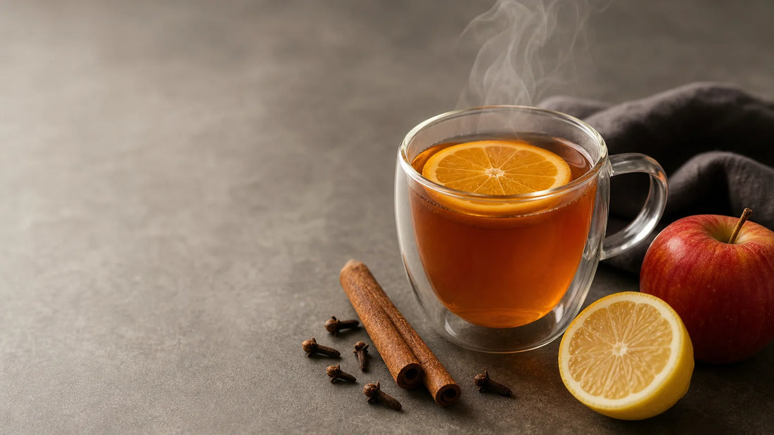Tasse de cocktail chaud aux agrumes, fruits et épices