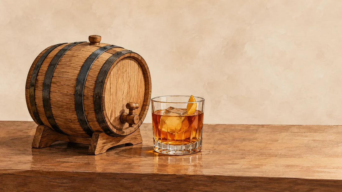 Cocktail ambré et petit fût de chêne pour illustrer le vieillissement en fût