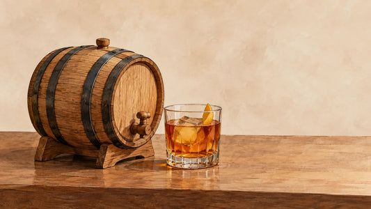 Cocktail ambré et petit fût de chêne pour illustrer le vieillissement en fût