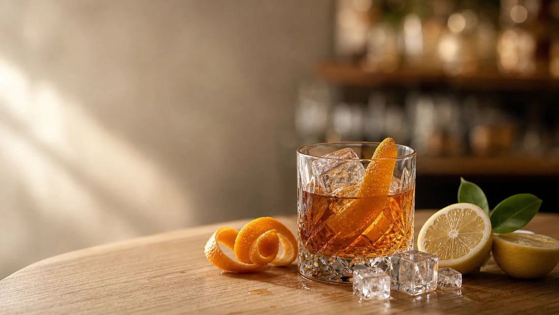 Verre de cocktail ambré au cognac avec agrumes sur un comptoir