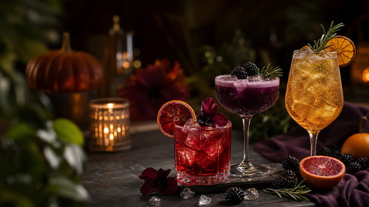 Trois cocktails d’Halloween aux couleurs naturelles, rouges, violettes et ambrées
